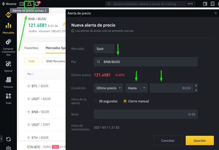 cómo crear una alerta de precio en Binance