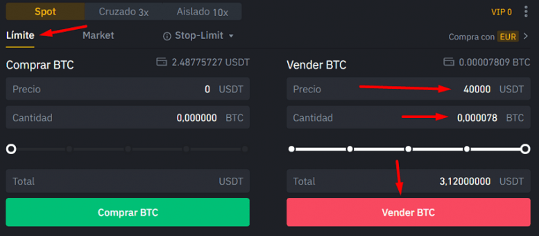 cómo colocar una orden de venta en Binance